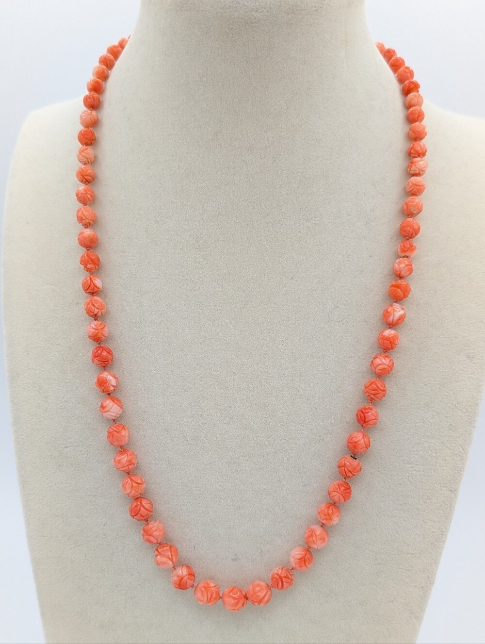 Vintage Natural Pink Coral Floral Carved Bead Estate Necklace 19"